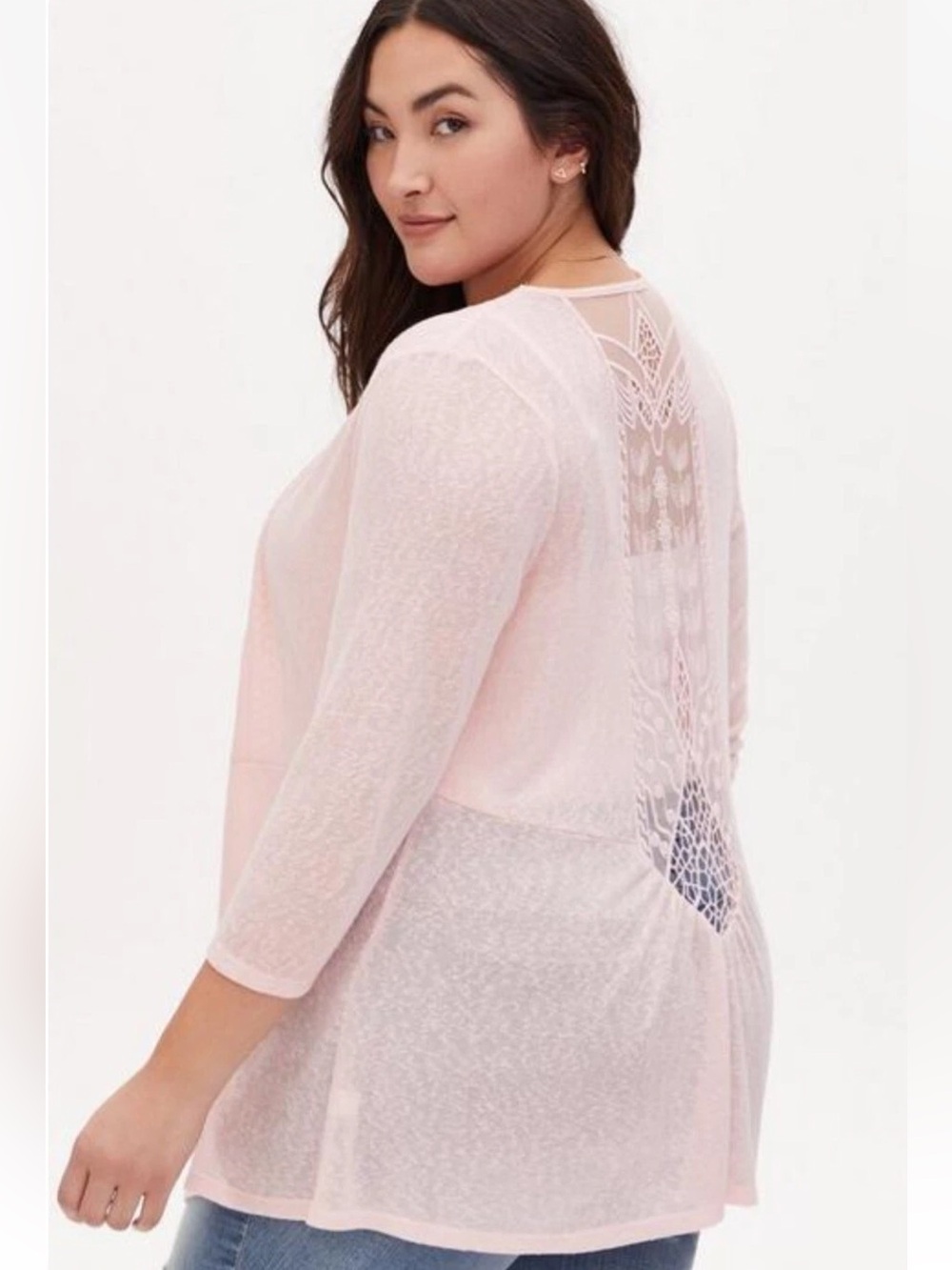 Torrid Waterfall Cardigan Open Front sweater Plus Size 1 Blush Pink Lace Back